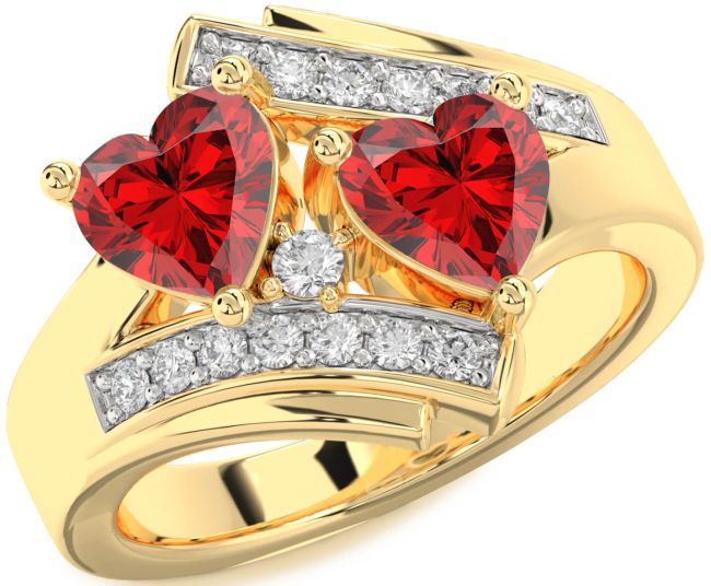 Diamond Ruby Gold Silver Two Heart Birthstone Ring