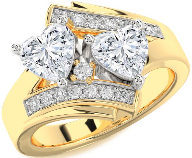 Diamond White Yellow Gold Two Heart Ring