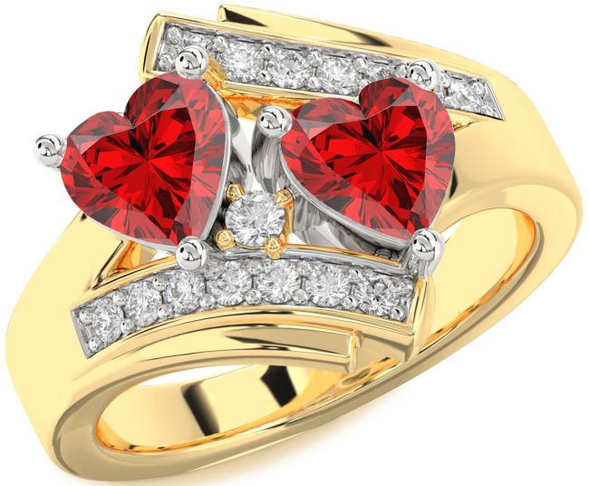 Diamond Ruby Gold Silver Two Heart Birthstone Ring
