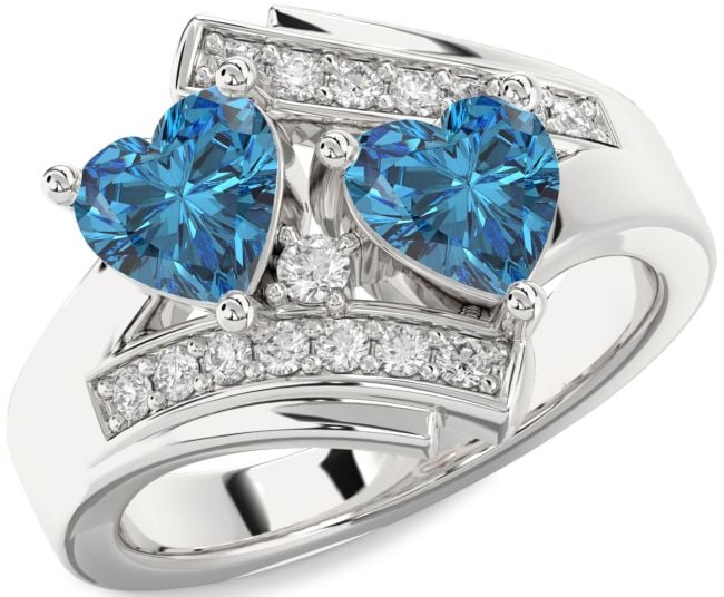 Blue Diamond Silver Two Heart Ring