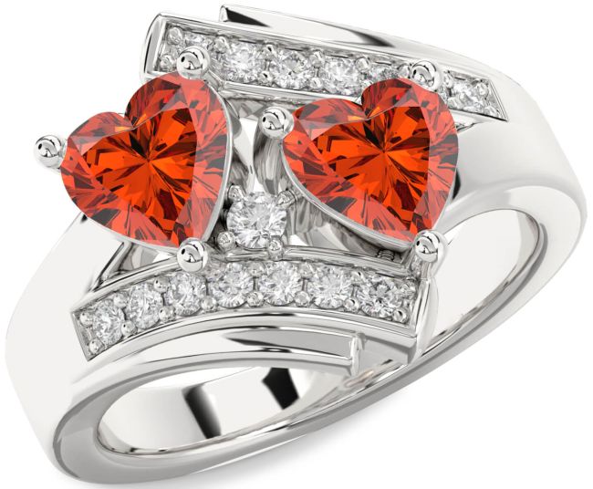 Diamond Fire Opal Silver Two Heart Ring