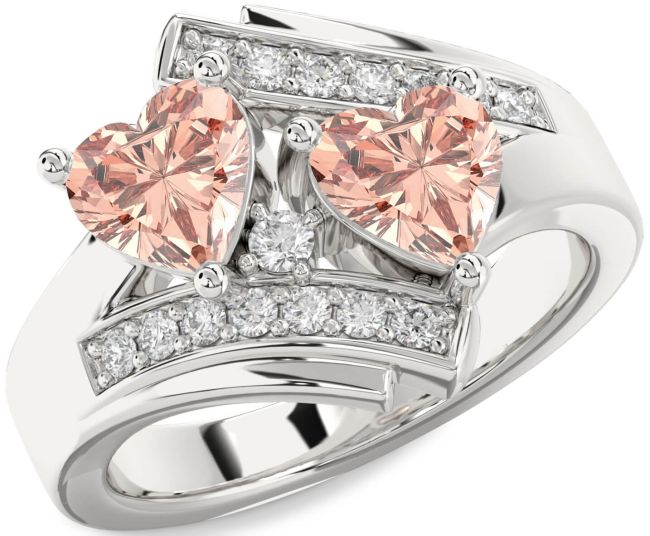 Diamond Morganite Silver Two Heart Ring