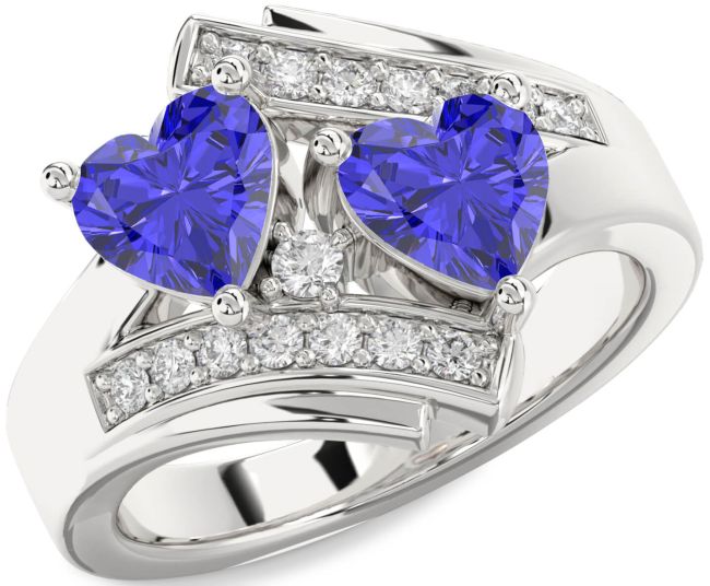 Diamond Tanzanite Silver Two Heart Ring