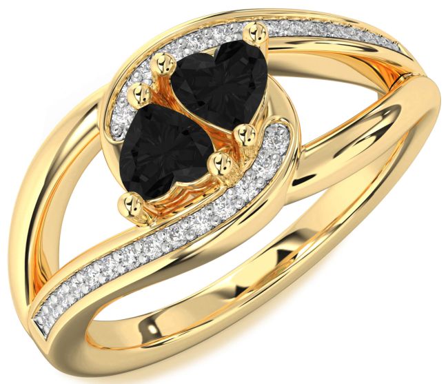 Black Diamond Gold Silver Two Heart Ring