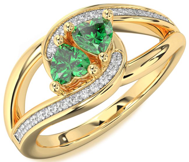 Diamond Emerald Gold Two Heart Birthstone Ring