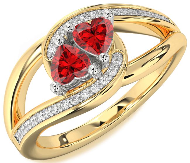 Diamond Ruby Gold Silver Two Heart Birthstone Ring
