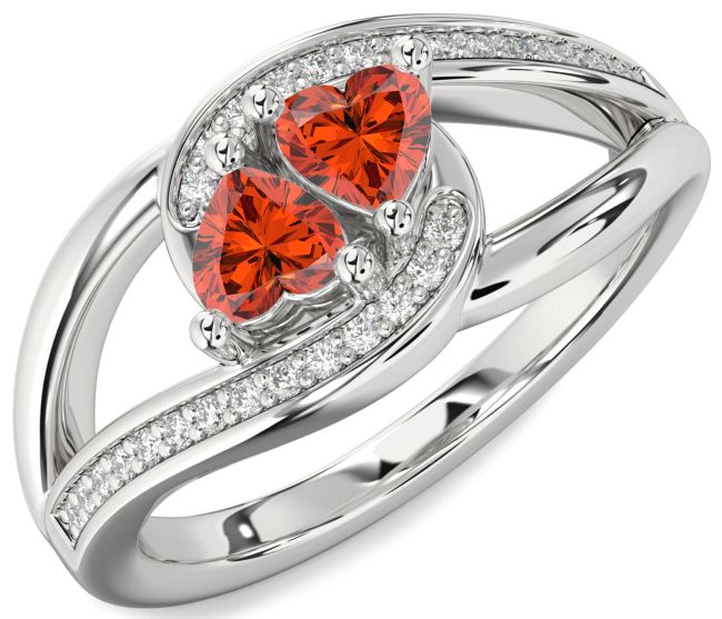 Diamond Fire Opal Silver Two Heart Ring