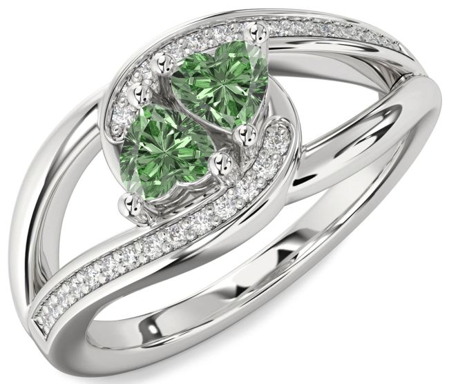 Green Diamond Silver Two Heart Ring