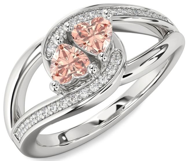 Diamond Morganite Silver Two Heart Ring