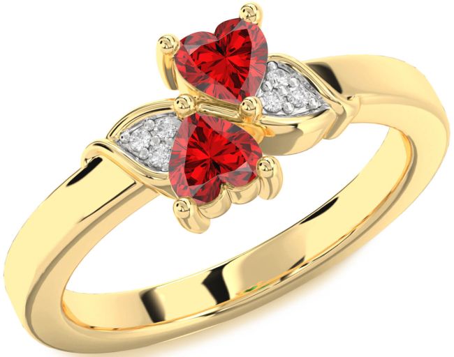 Diamond Ruby Gold Silver Two Heart Birthstone Ring