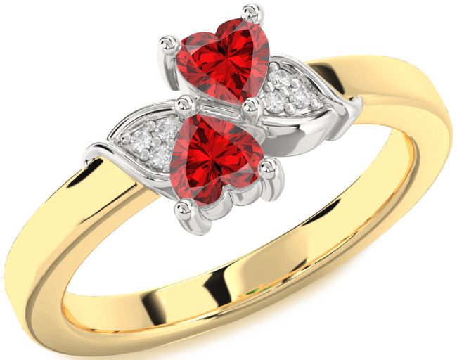 Diamond Ruby Gold Silver Two Heart Birthstone Ring