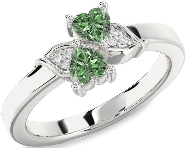Green Diamond Silver Two Heart Ring