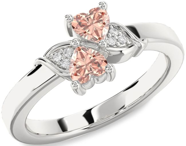 Diamond Morganite Silver Two Heart Ring