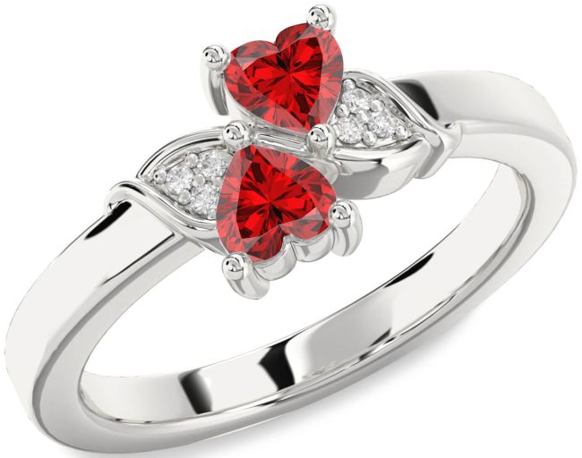 Diamond Ruby Silver Two Heart Birthstone Ring