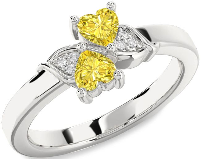 Yellow Diamond Silver Two Heart Ring