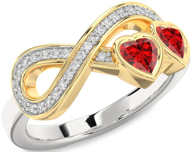 Diamond Ruby Gold Silver Infinity Two Heart Birthstone Ring