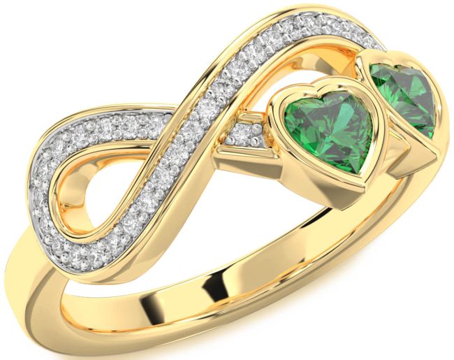 Diamond Emerald Gold Infinity Two Heart Birthstone Ring