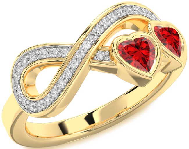 Diamond Ruby Gold Infinity Two Heart Birthstone Ring