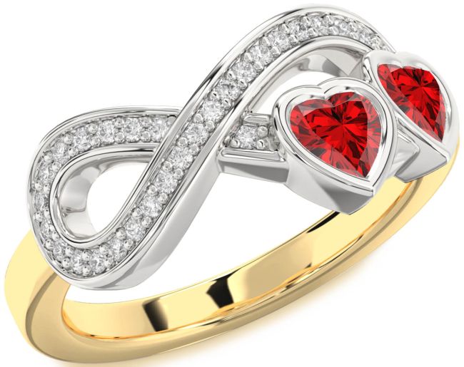 Diamond Ruby Gold Silver Infinity Two Heart Birthstone Ring