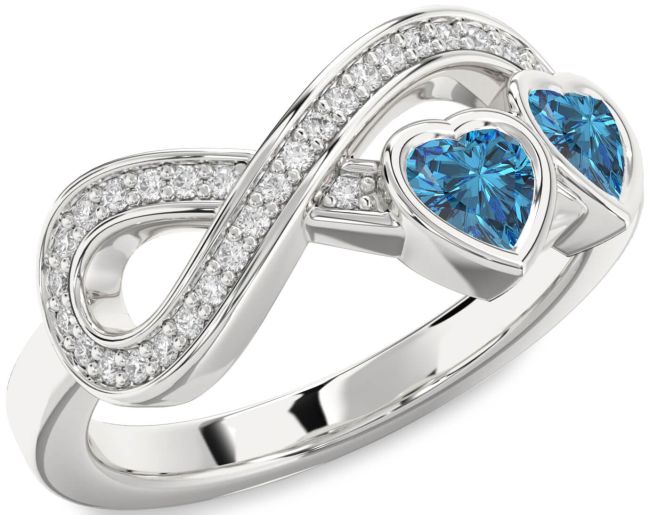 Blue Diamond Silver Infinity Two Heart Ring