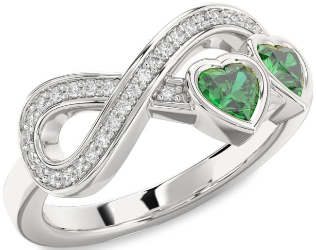 Diamond Emerald Silver Infinity Two Heart Birthstone Ring