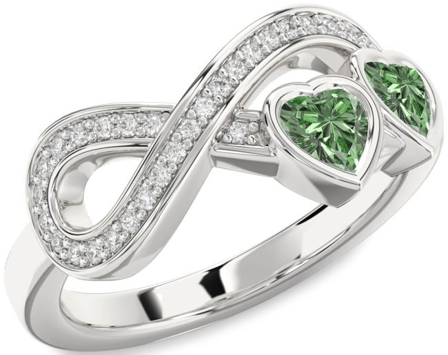 Green Diamond Silver Infinity Two Heart Ring