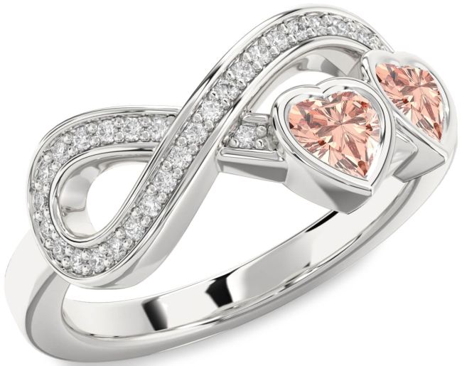Diamond Morganite Silver Infinity Two Heart Ring