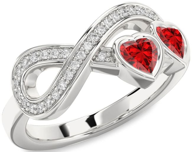Diamond Ruby Silver Infinity Two Heart Birthstone Ring