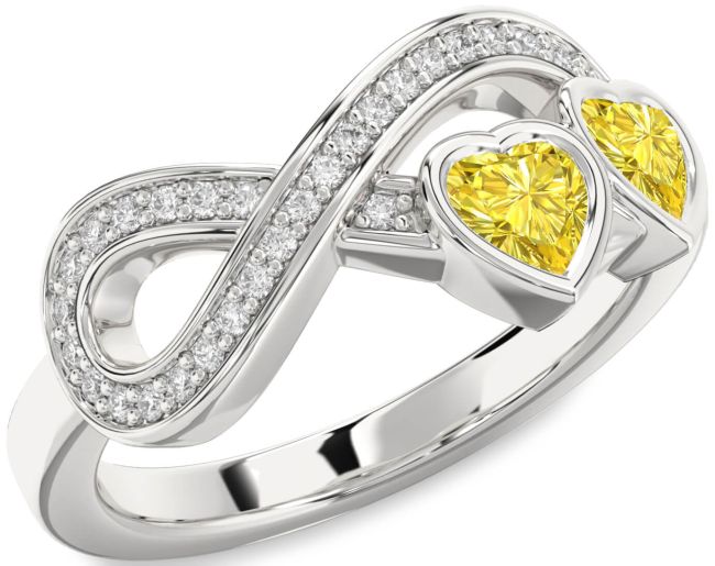 Yellow Diamond Silver Infinity Two Heart Ring