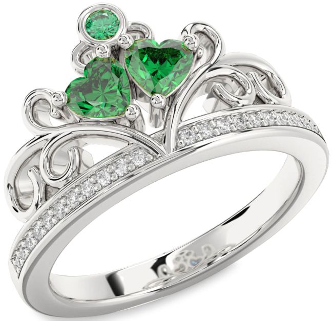 Diamond Emerald Silver Two Heart Birthstone Ring