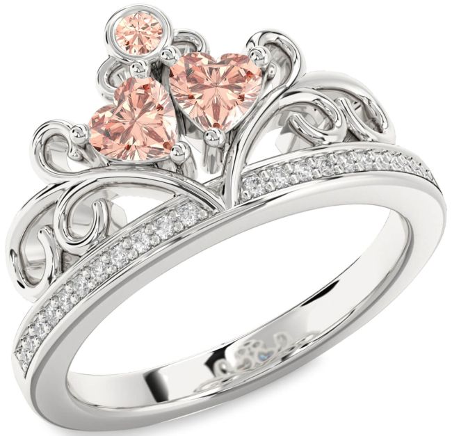 Diamond Morganite Silver Two Heart Ring