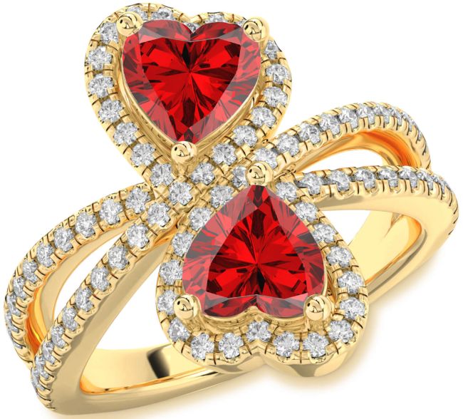 Diamond Ruby Gold Heart Two Stone Birthstone Ring