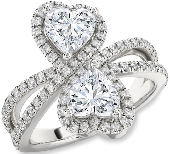 Diamond Silver Heart Two Stone Ring