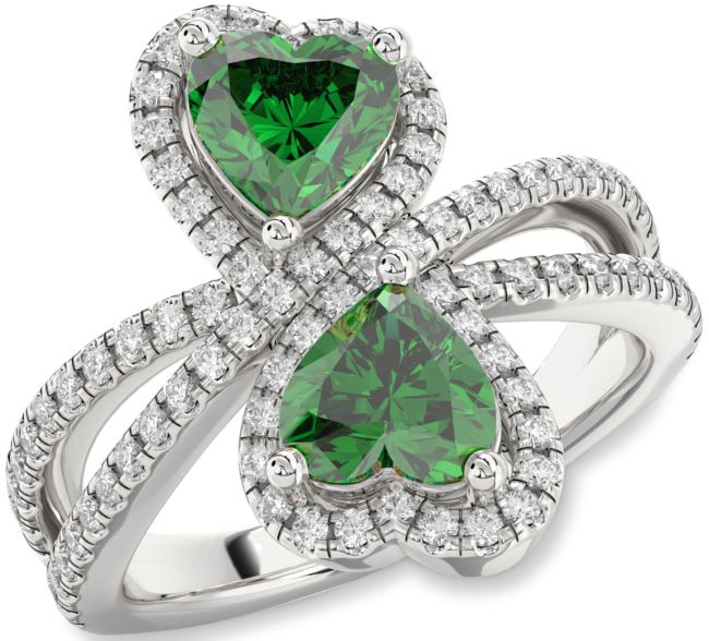 Diamond Emerald Silver Heart Two Stone Birthstone Ring