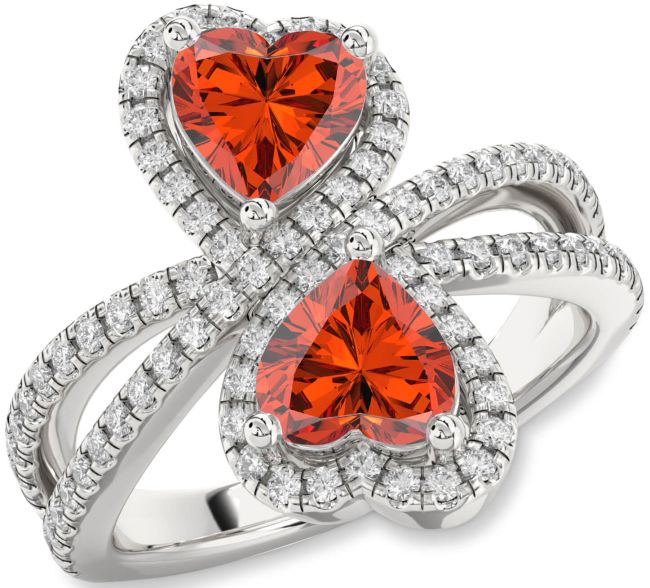 Diamond Fire Opal Silver Heart Two Stone Ring