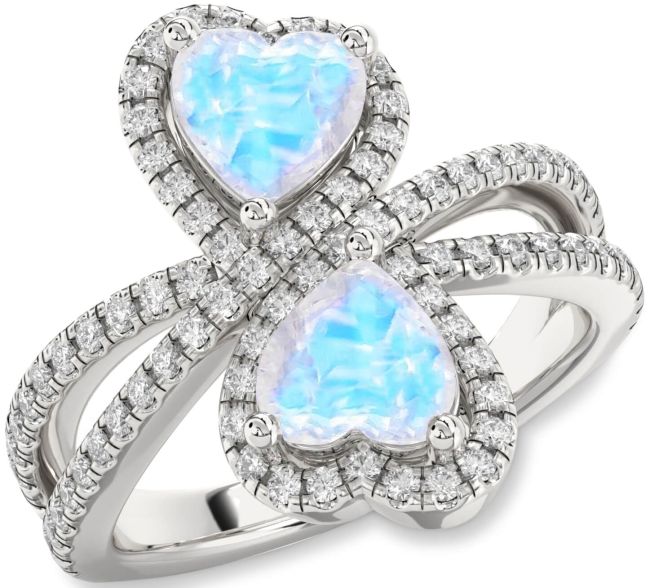 Diamond Moonstone Silver Heart Two Stone Ring