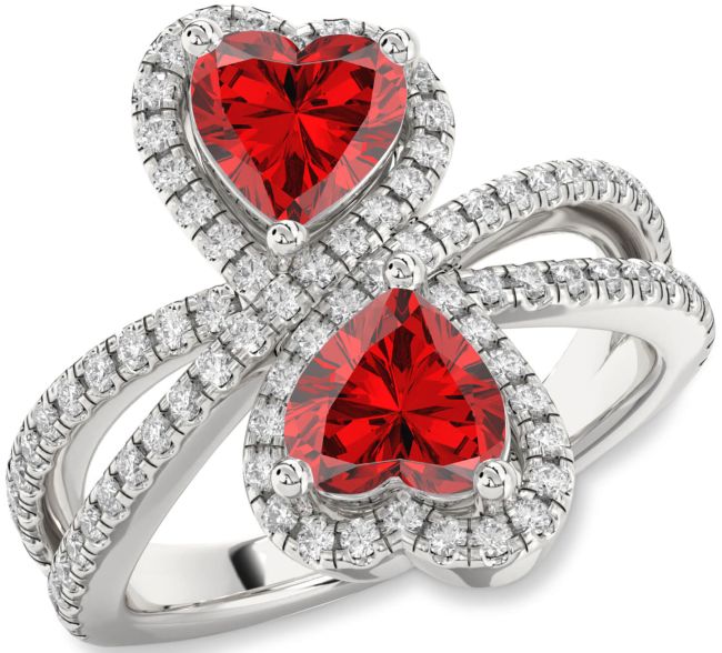 Diamond Ruby Silver Heart Two Stone Birthstone Ring