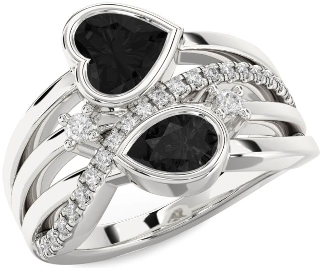 Black Diamond Silver Heart Three Stone Ring