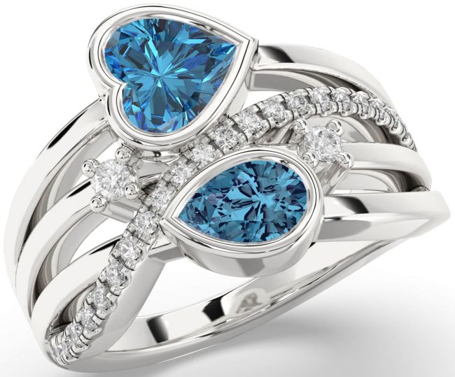 Blue Diamond Silver Heart Three Stone Ring