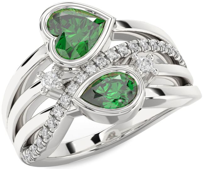 Diamond Emerald Silver Heart Three Stone Birthstone Ring