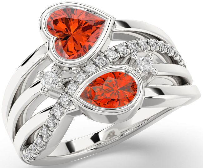 Diamond Fire Opal Silver Heart Three Stone Ring