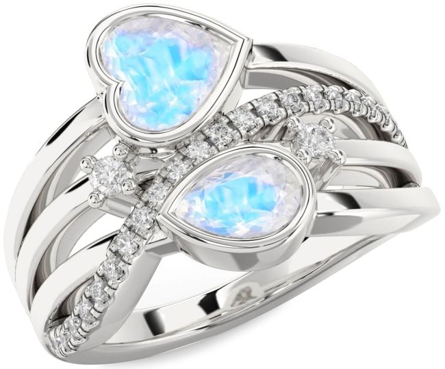 Diamond Moonstone Silver Heart Three Stone Ring