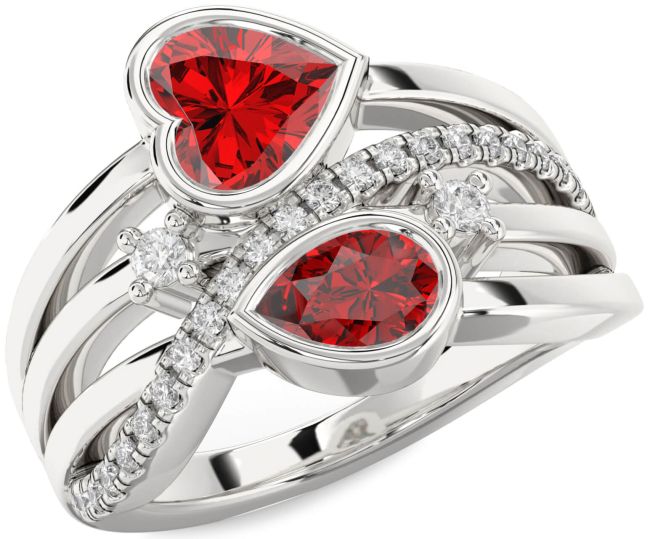 Diamond Ruby Silver Heart Three Stone Birthstone Ring