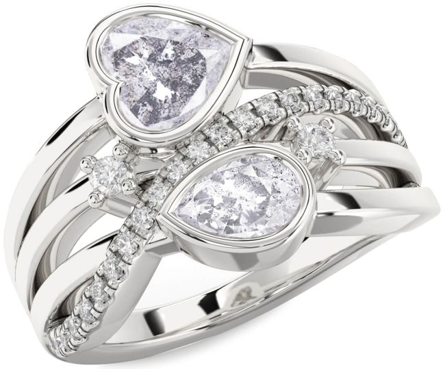 Salt & Pepper Diamond Silver Heart Three Stone Ring