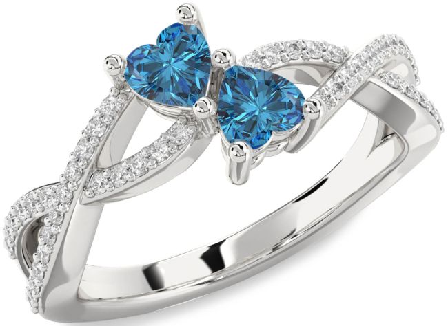 Blue Diamond Silver Infinity Two Heart Ring