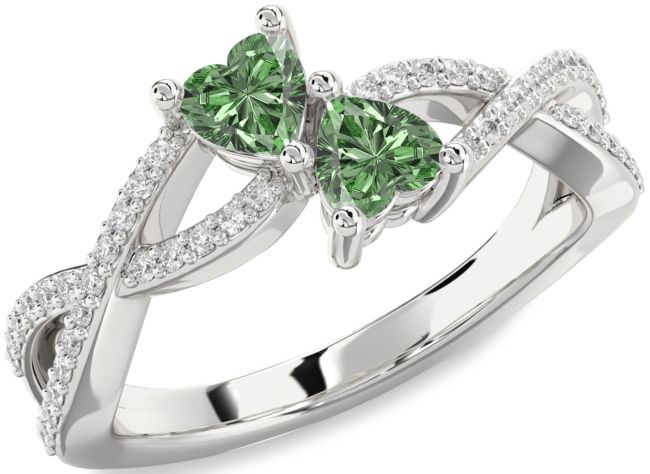 Green Diamond Silver Infinity Two Heart Ring