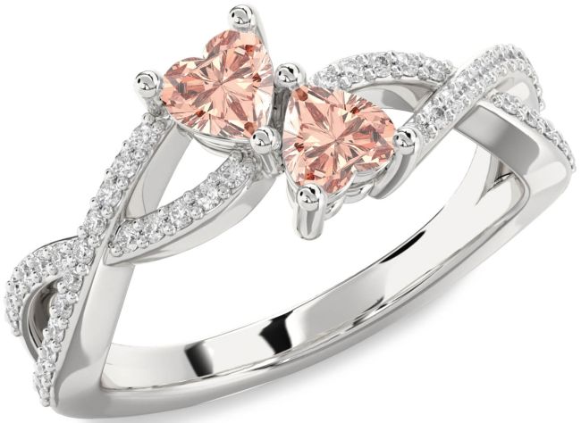 Diamond Morganite Silver Infinity Two Heart Ring