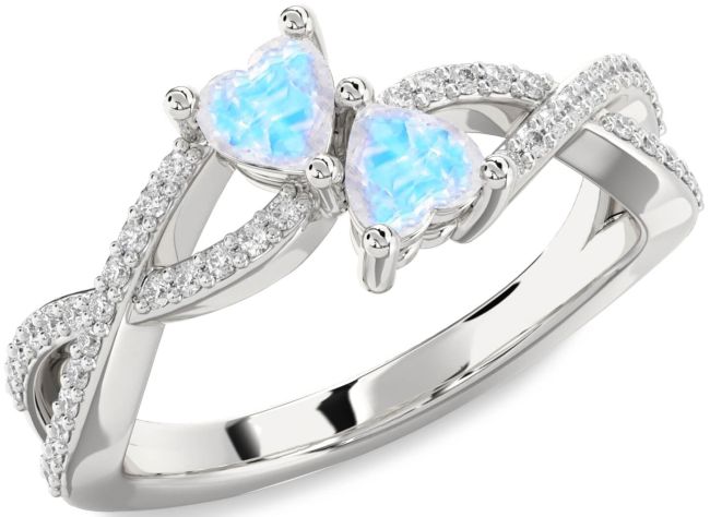 Diamond Moonstone Silver Infinity Two Heart Ring