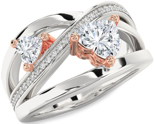 Diamond Rose Gold Silver Two Heart Ring