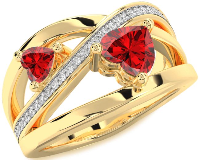 Diamond Ruby Gold Silver Two Heart Birthstone Ring